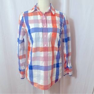 J Crew Blue Orange Plaid Button Down Dress Shirt Blouse Sz 2 XS